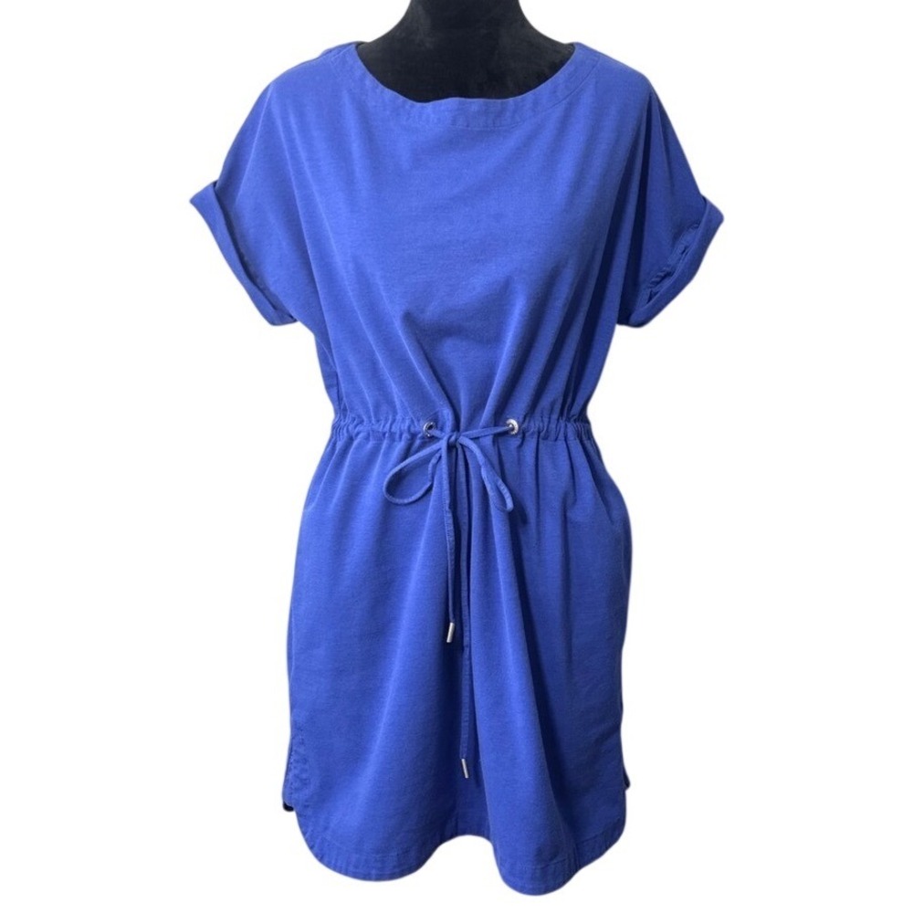 Tommy Bahama Women Large Blue Tunic Top Drawstring Waist Stretch Resort Travel
